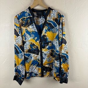 Investments Women's Blouse Shirt Top Satin Blue, Yellow, and Black Print Size 18